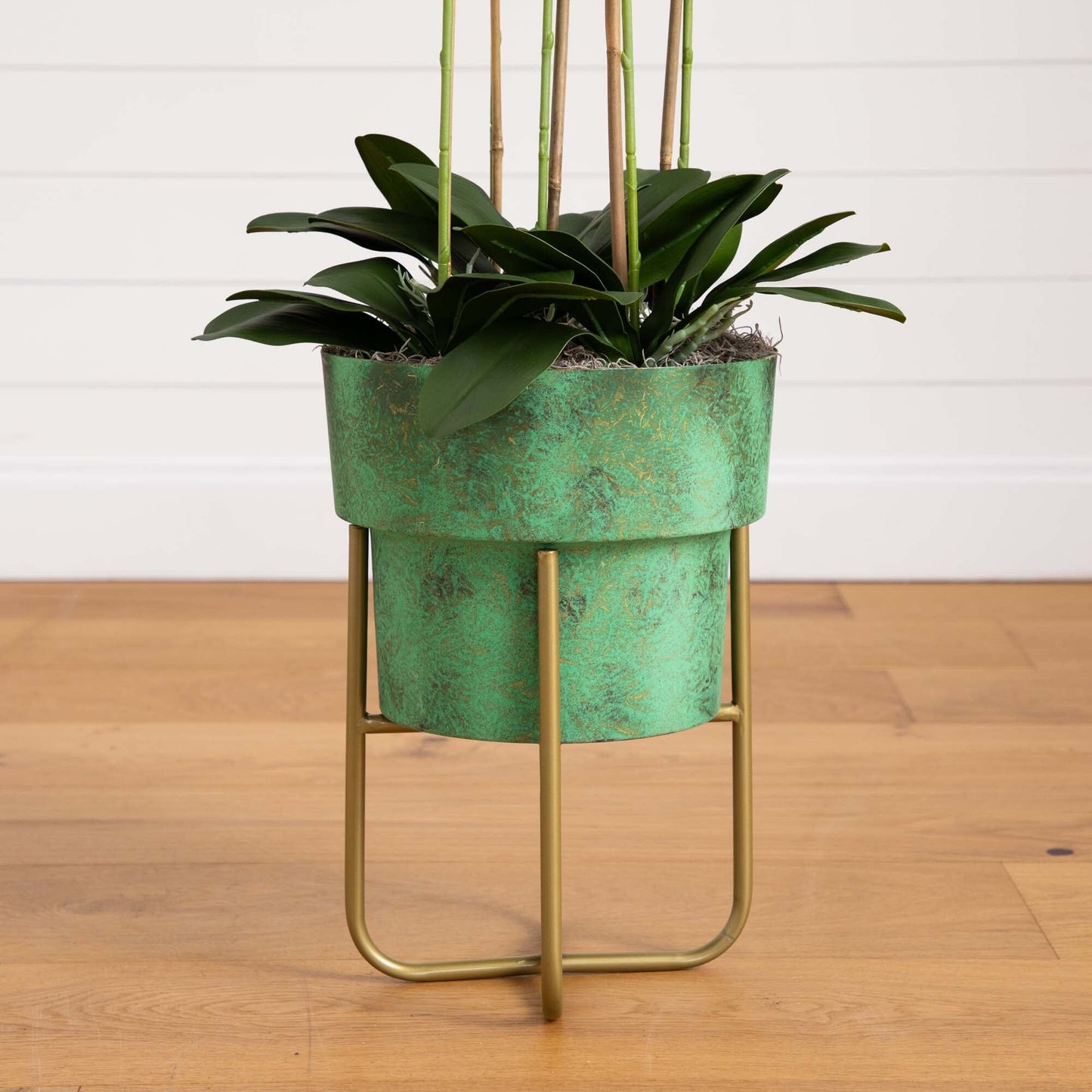 Orchid Faux Arrangement in Patina Planter & Stand 43”