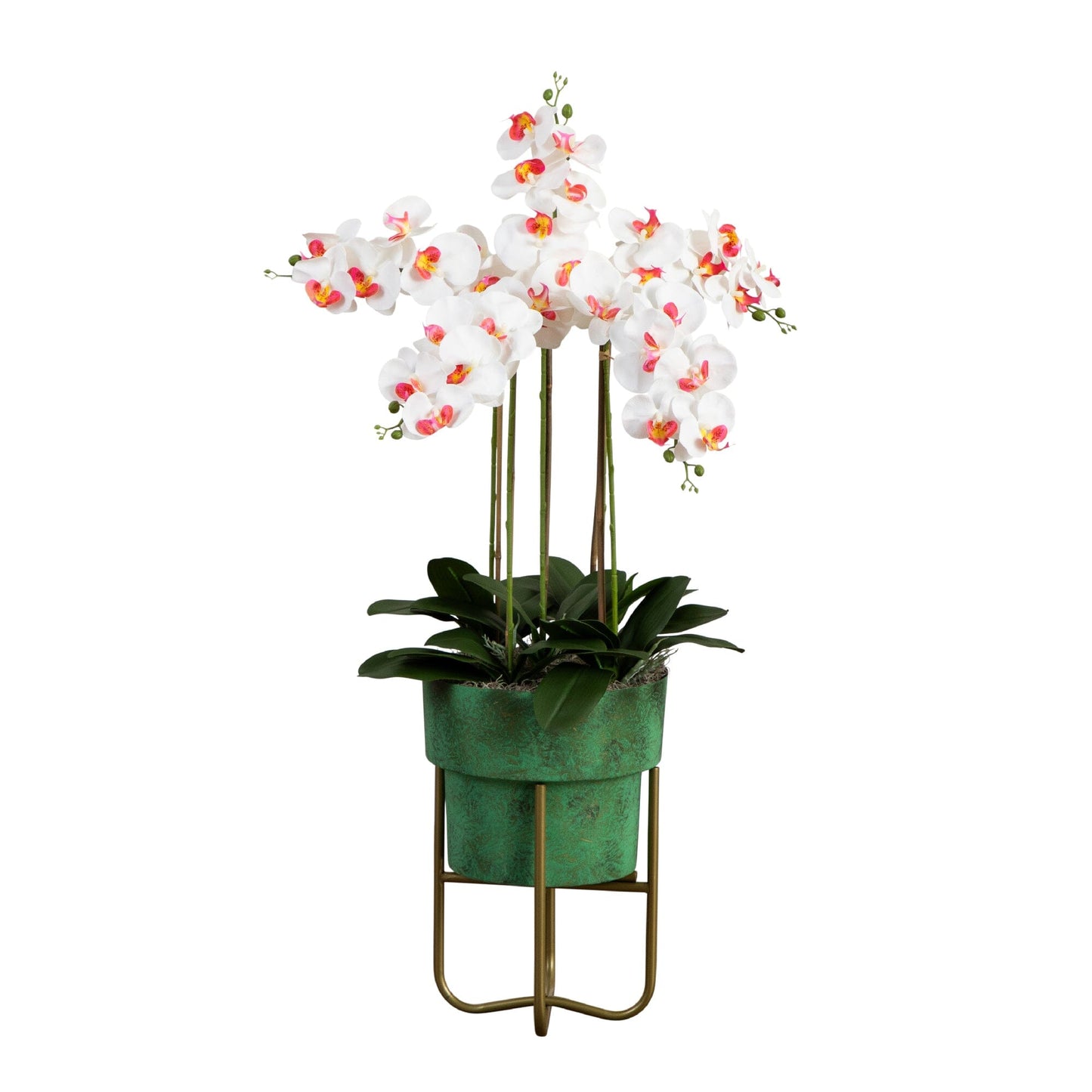Orchid Faux Arrangement in Patina Planter & Stand 43”