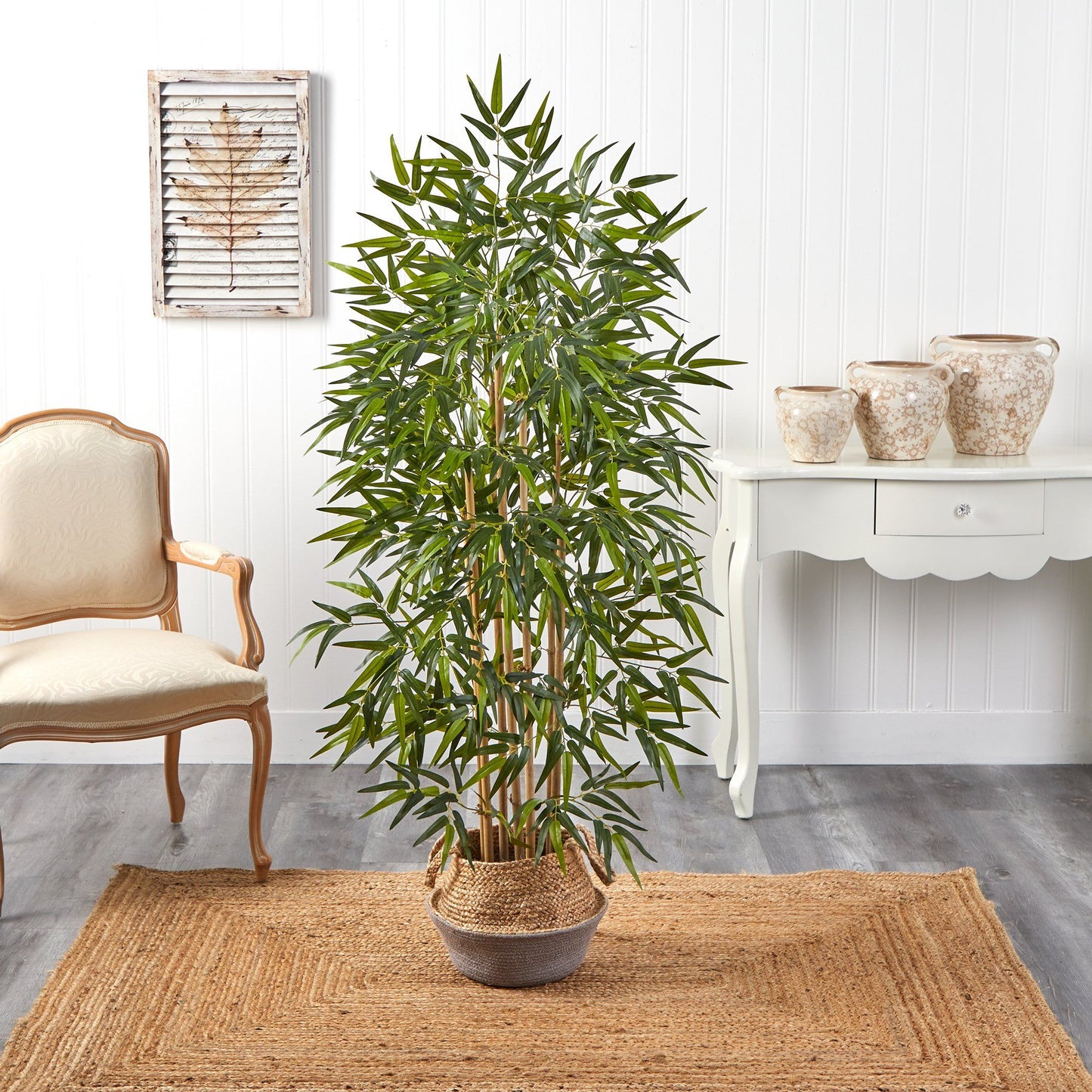 Bamboo Tree with Real Trunks Faux Boho Chic Jute Woven Planter 64"