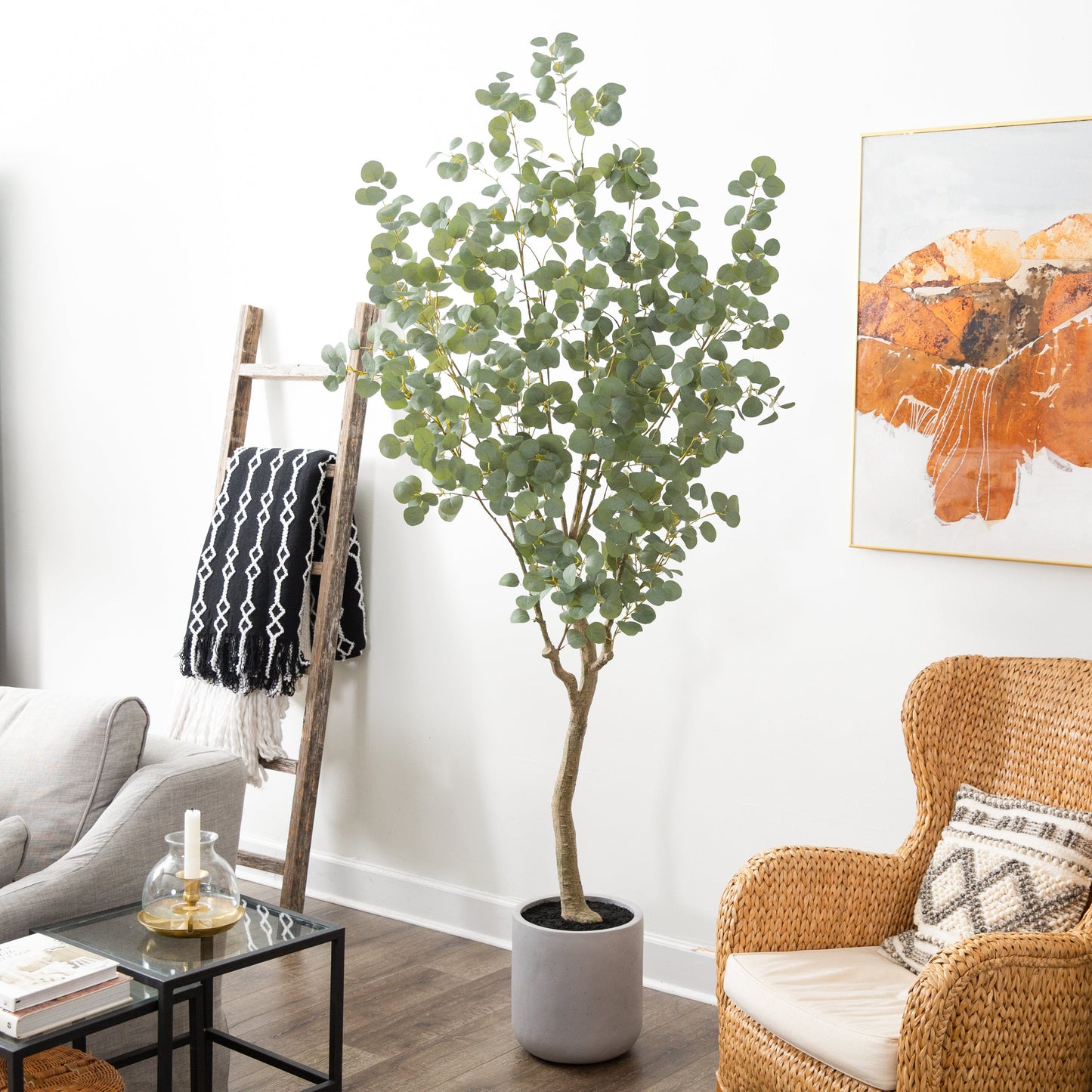 Eucalyptus Faux Tree in Resin Stone Planter 7.5’
