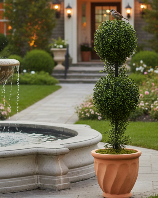 Boxwood Tree Double Ball Faux Topiary in Terra-Cotta Planter 40”