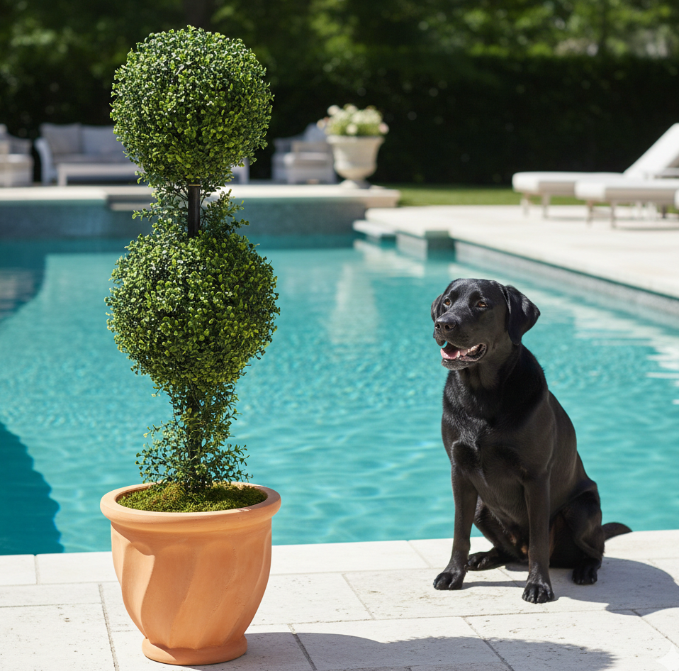 Boxwood Tree Double Ball Faux Topiary in Terra-Cotta Planter 40”