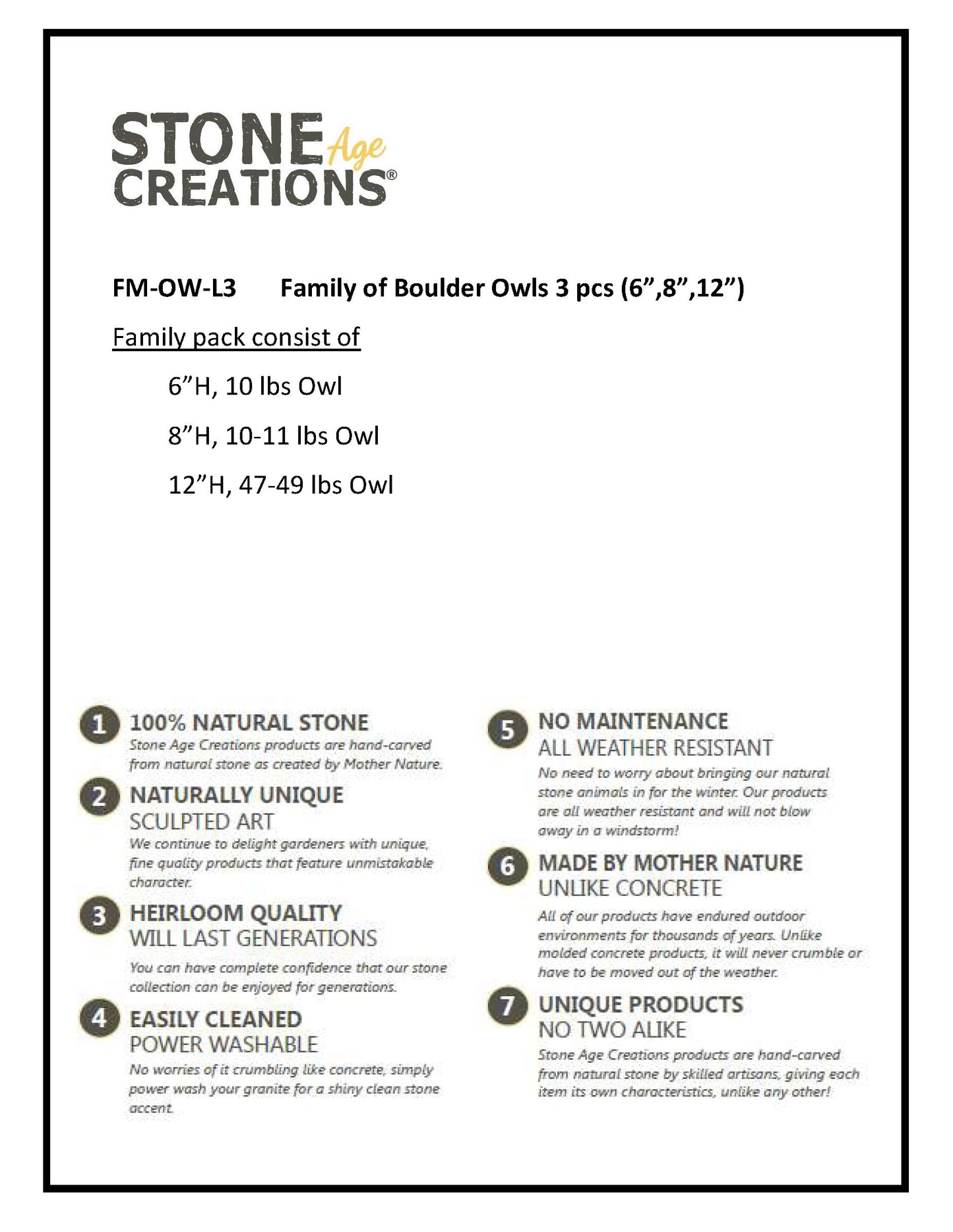 Boulder Owls Family - large 3 Pcs 6"-8"-12"