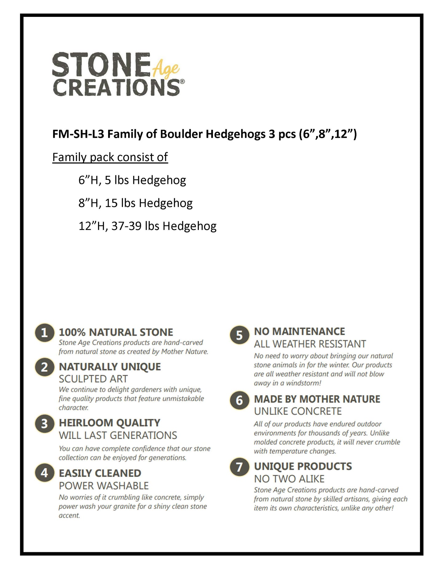 Family of Boulder Standing Hedgehogs 3 Pcs 6"8"12"