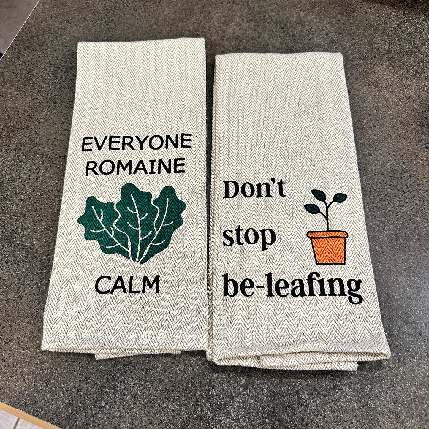 Tea Towel Two Pack - Don't Stop Be-leafing and Everyone Romaine Calm
