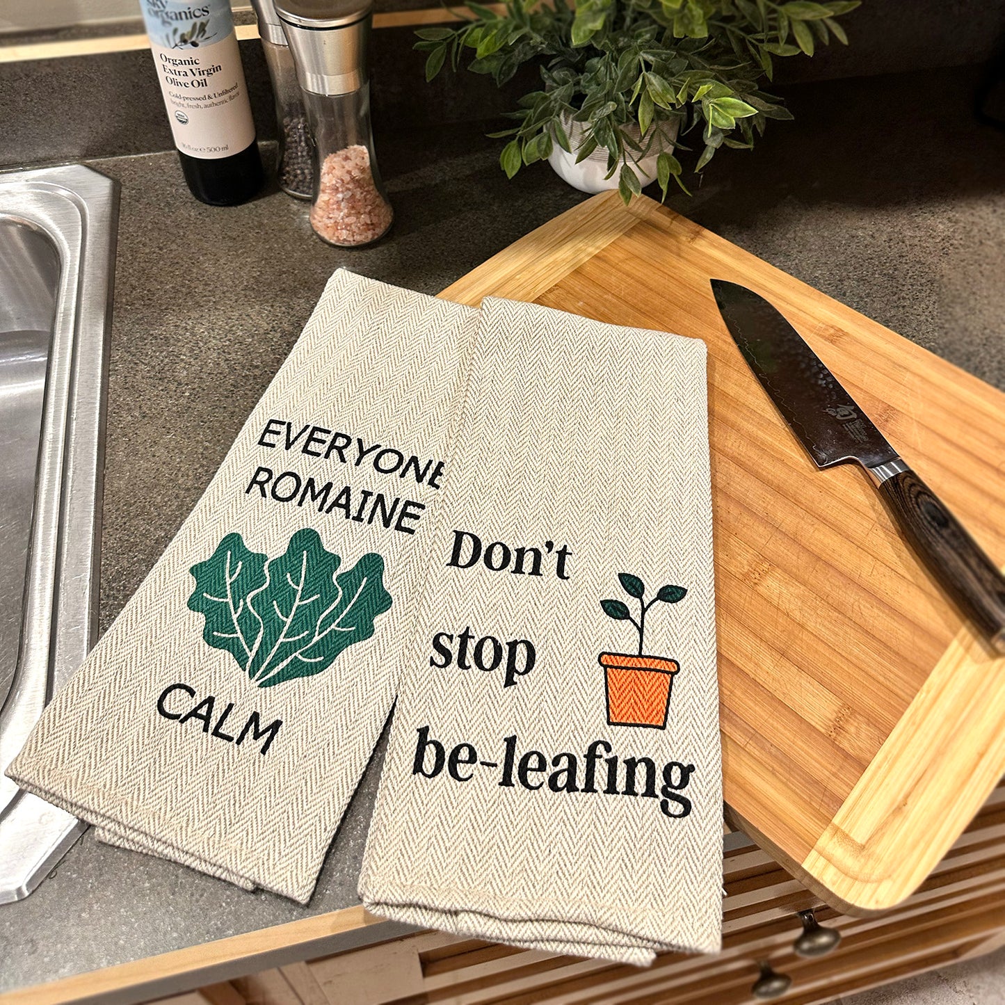 Tea Towel Two Pack - Don't Stop Be-leafing and Everyone Romaine Calm