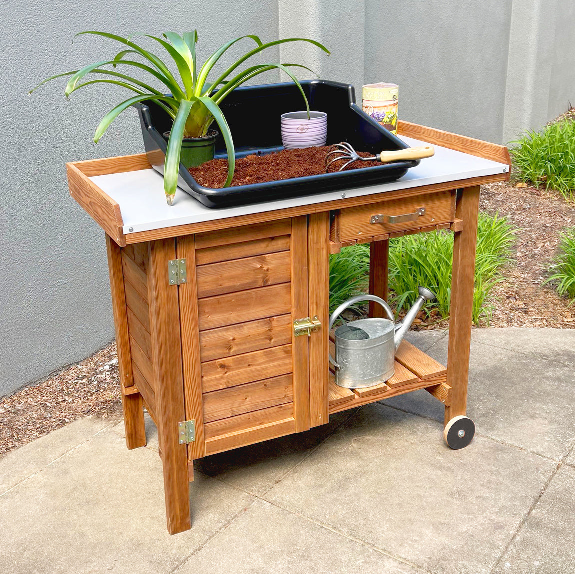 Gardener's Table with Wheels Cabinet and Drawer