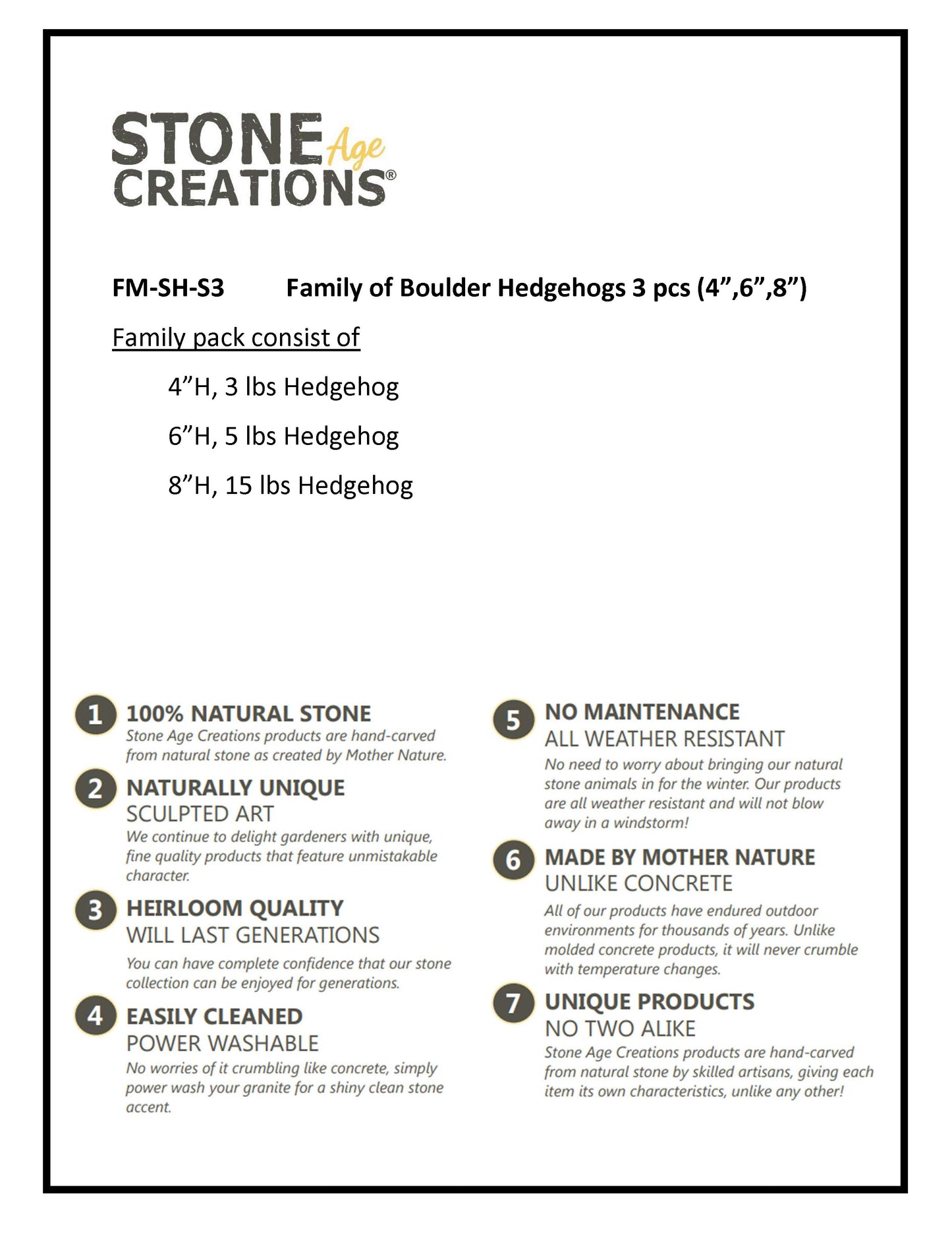 Boulder Standing Hedgehogs Family -  cute 3 Pcs 4"-6"-8"