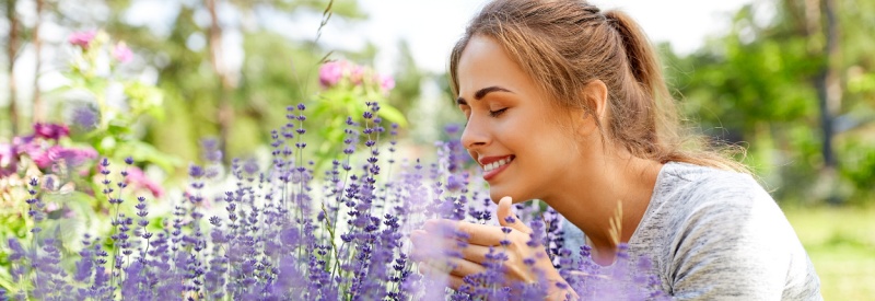 Woman smelling the flowers in her Fragrant Garden